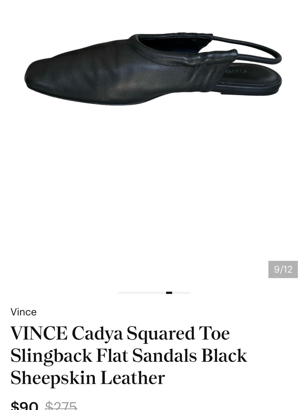 VINCE Cadya Squared Toe Slingback Flat Sandals Black Sheepskin Leather - Picture 3 of 7